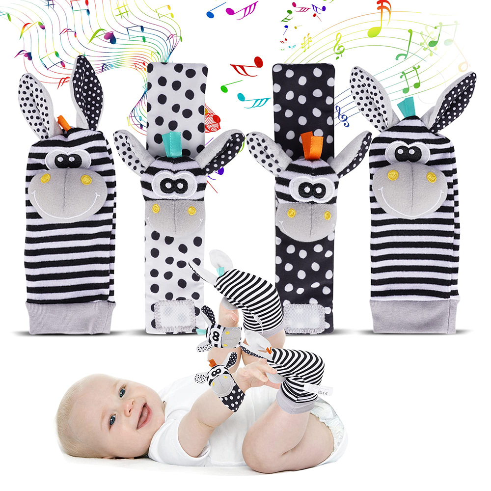 (4pcs 002) Baby Rattle Toys Cute Stuffed Animals Wrist Rattle Foot Finder Socks 0~12 Months For Infant Boy Girl Newborn Gift