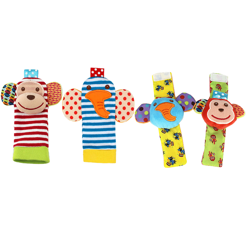 (4pcs 002) Baby Rattle Toys Cute Stuffed Animals Wrist Rattle Foot Finder Socks 0~12 Months For Infant Boy Girl Newborn Gift