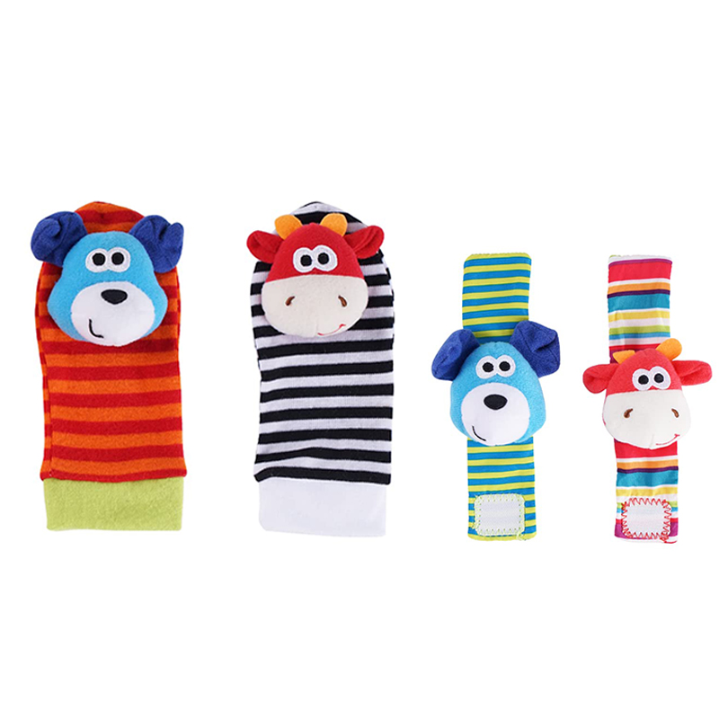 (4pcs 002) Baby Rattle Toys Cute Stuffed Animals Wrist Rattle Foot Finder Socks 0~12 Months For Infant Boy Girl Newborn Gift