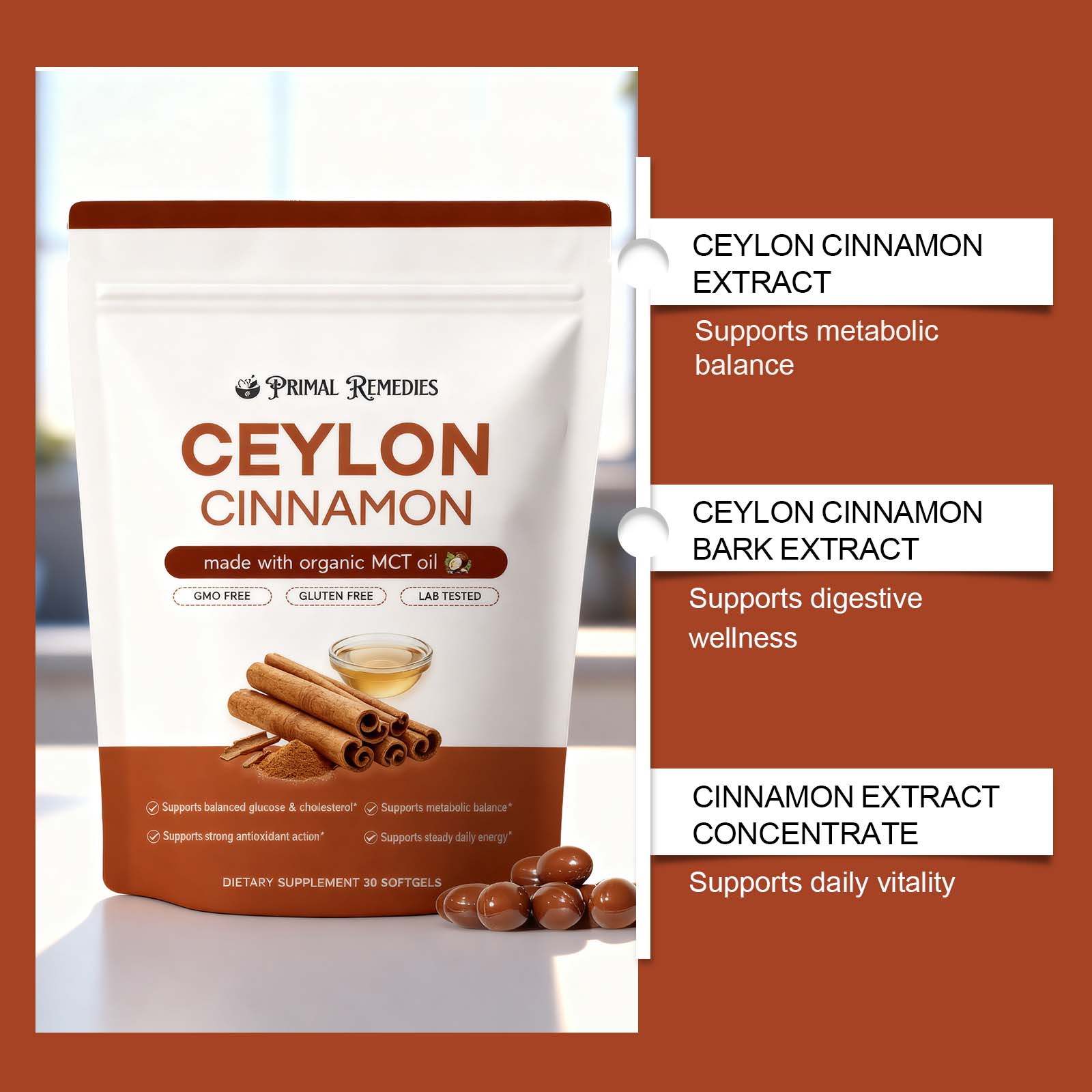 Cinnamon Soft Capsules Mild Formula Dietary Supplement Nourish Body Energy Comfort Balance Daily Body Care Nutritional Softgel Health Support