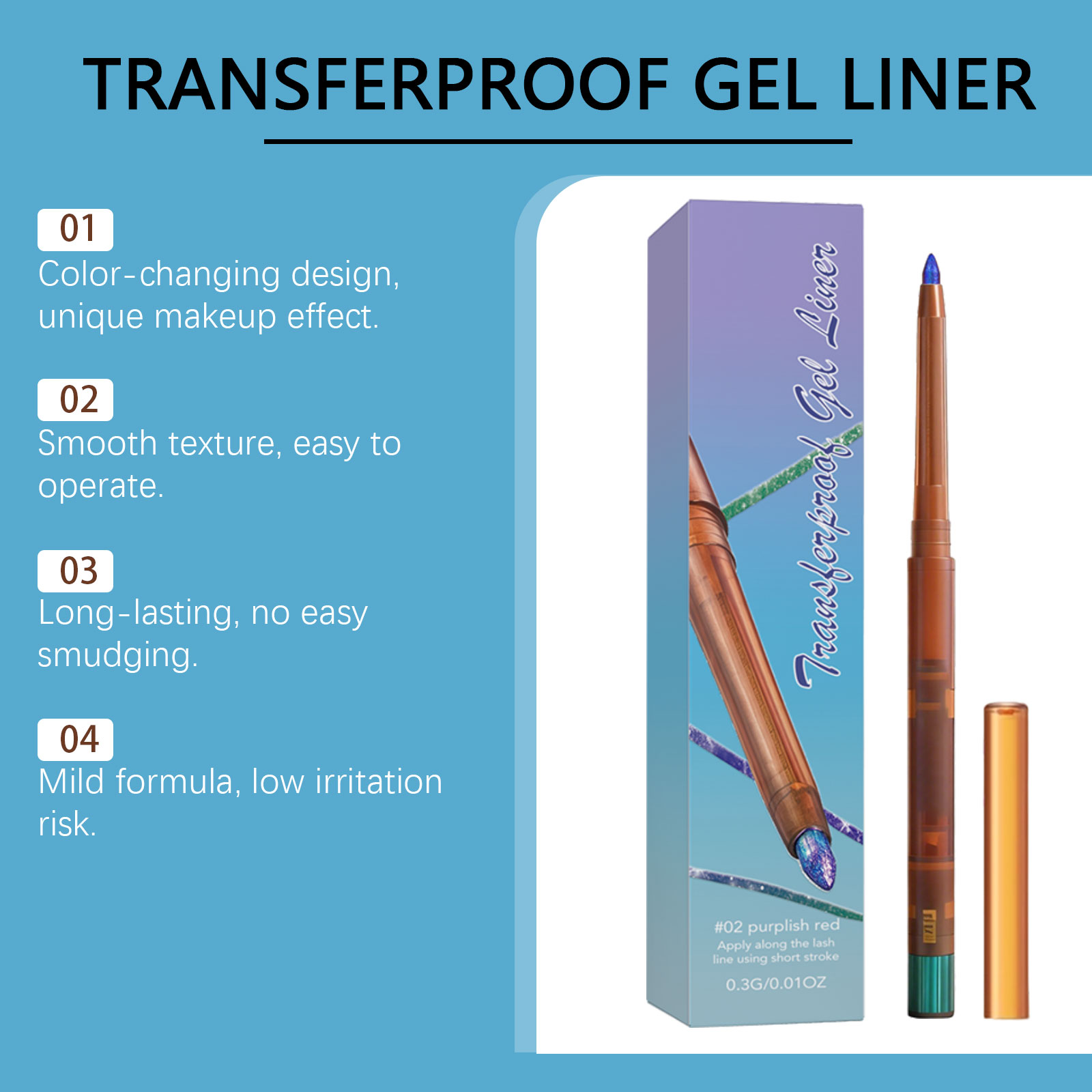 (02) Gel Eyeliner Smooth Fluid Natural Outline Color Retain Makeup Anti Smudge Daily Facial Makeup