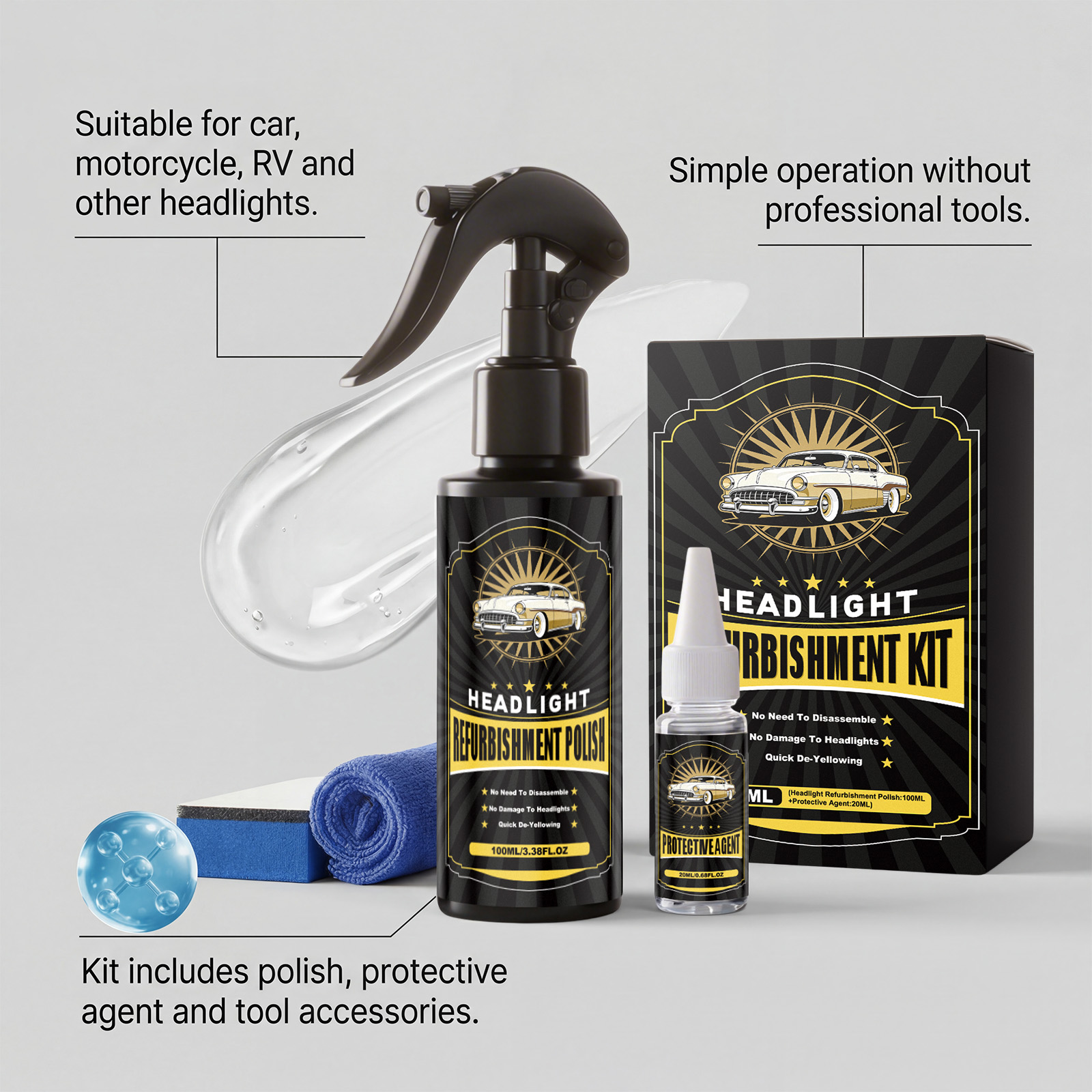 Car Headlight Care Kit Renovate Polish Clean Protect Brighten Clear Vision Lamp Surface