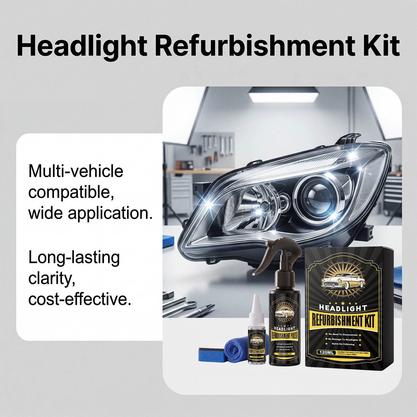 Car Headlight Care Kit Renovate Polish Clean Protect Brighten Clear Vision Lamp Surface