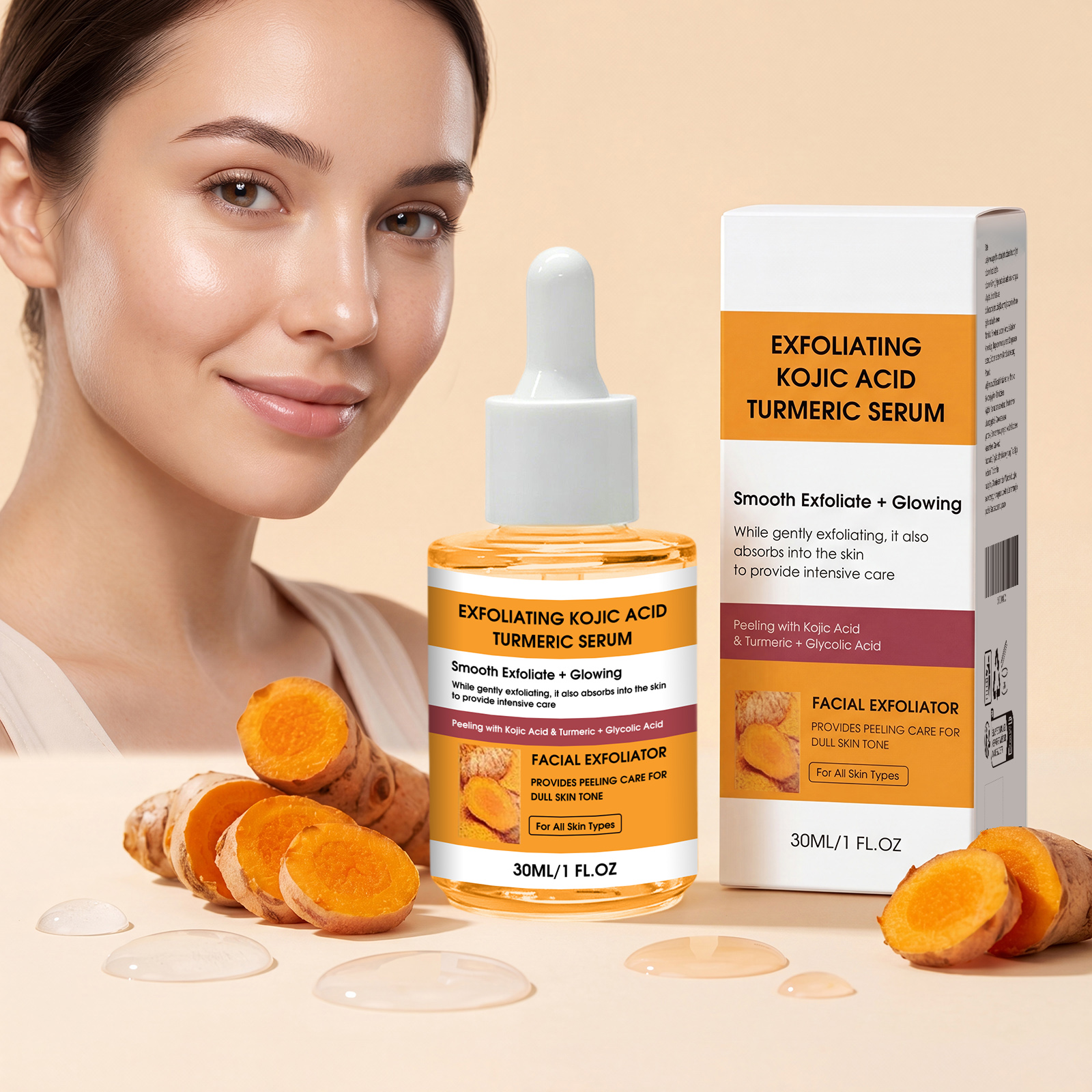 Kojic Turmeric Exfoliating Skin Serum Mild Formula Hydrating Refreshing Non Greasy Bright Smooth Facial Skin