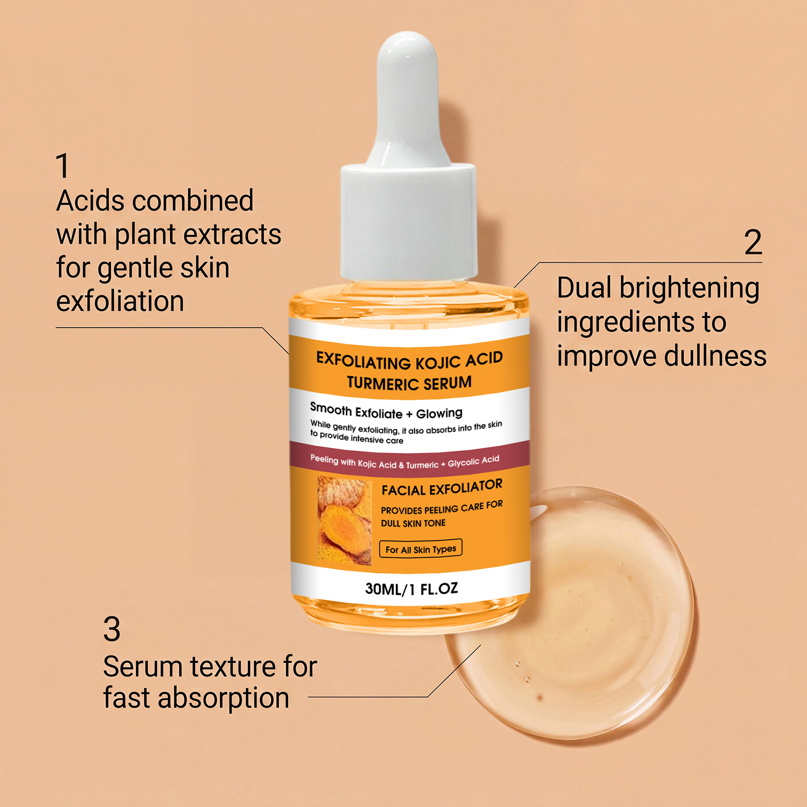Kojic Turmeric Exfoliating Skin Serum Mild Formula Hydrating Refreshing Non Greasy Bright Smooth Facial Skin