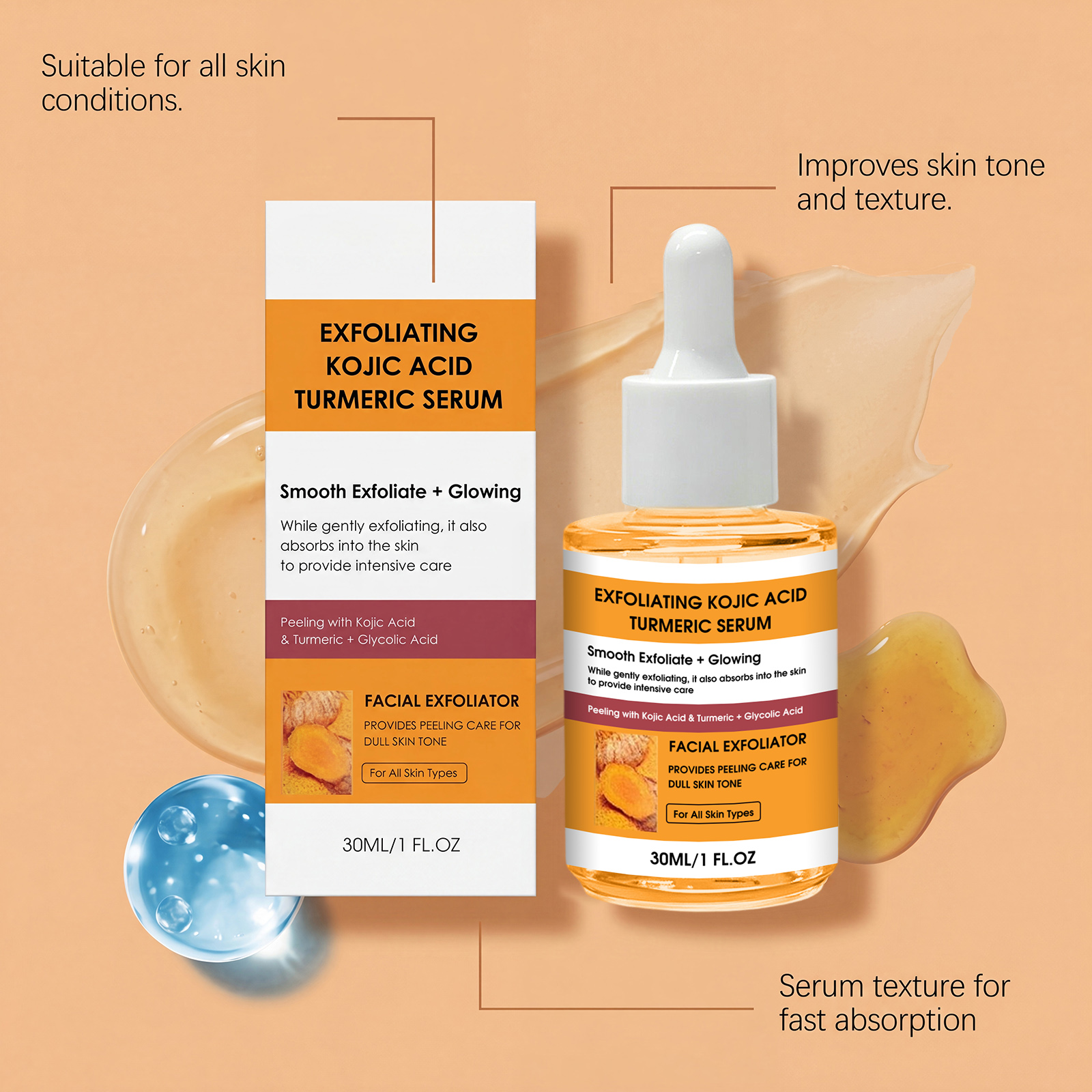 Kojic Turmeric Exfoliating Skin Serum Mild Formula Hydrating Refreshing Non Greasy Bright Smooth Facial Skin