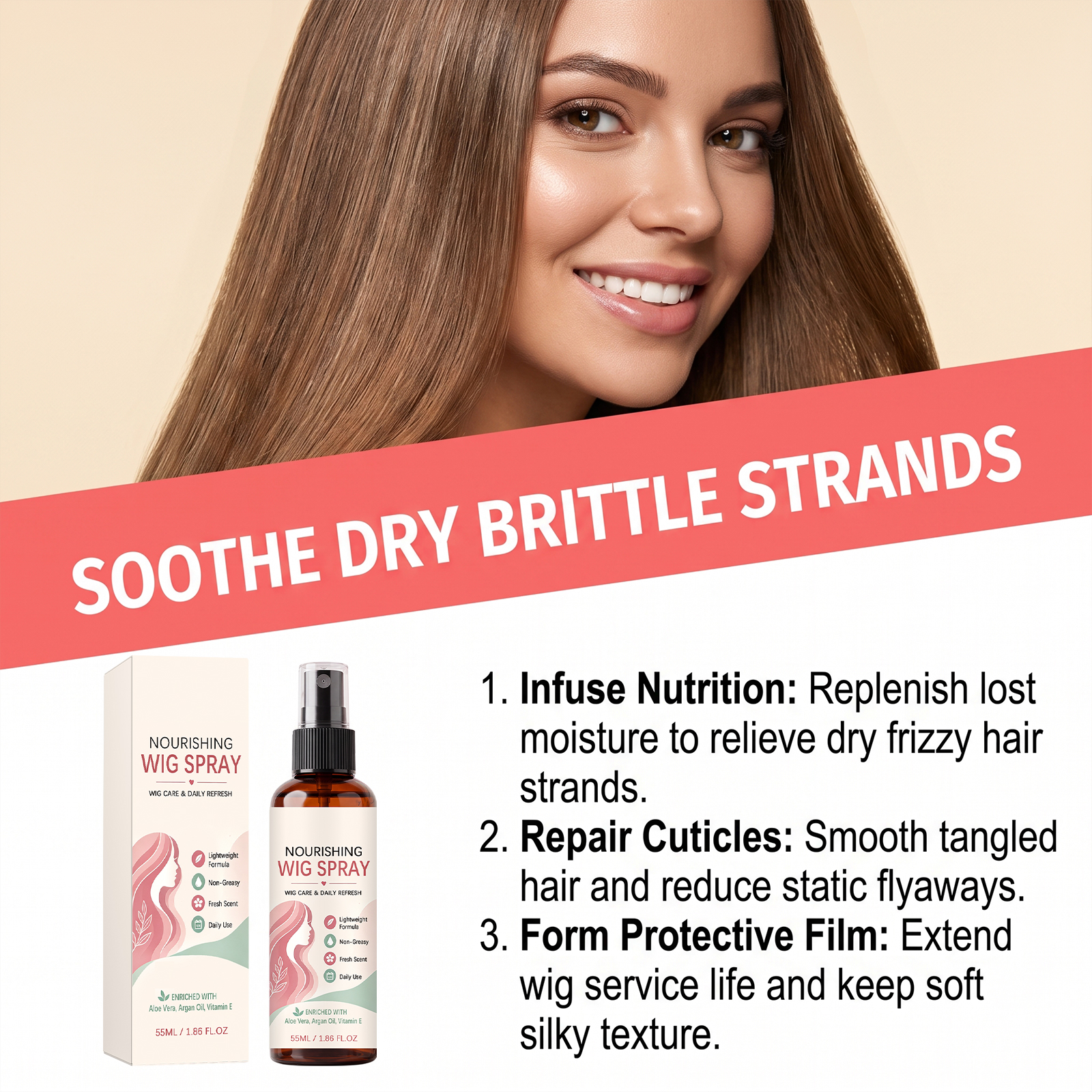 Wig Nourishing Spray Deep Hydration Anti Static Anti Frizz Dry Rough Taming Silky Smoothing Care