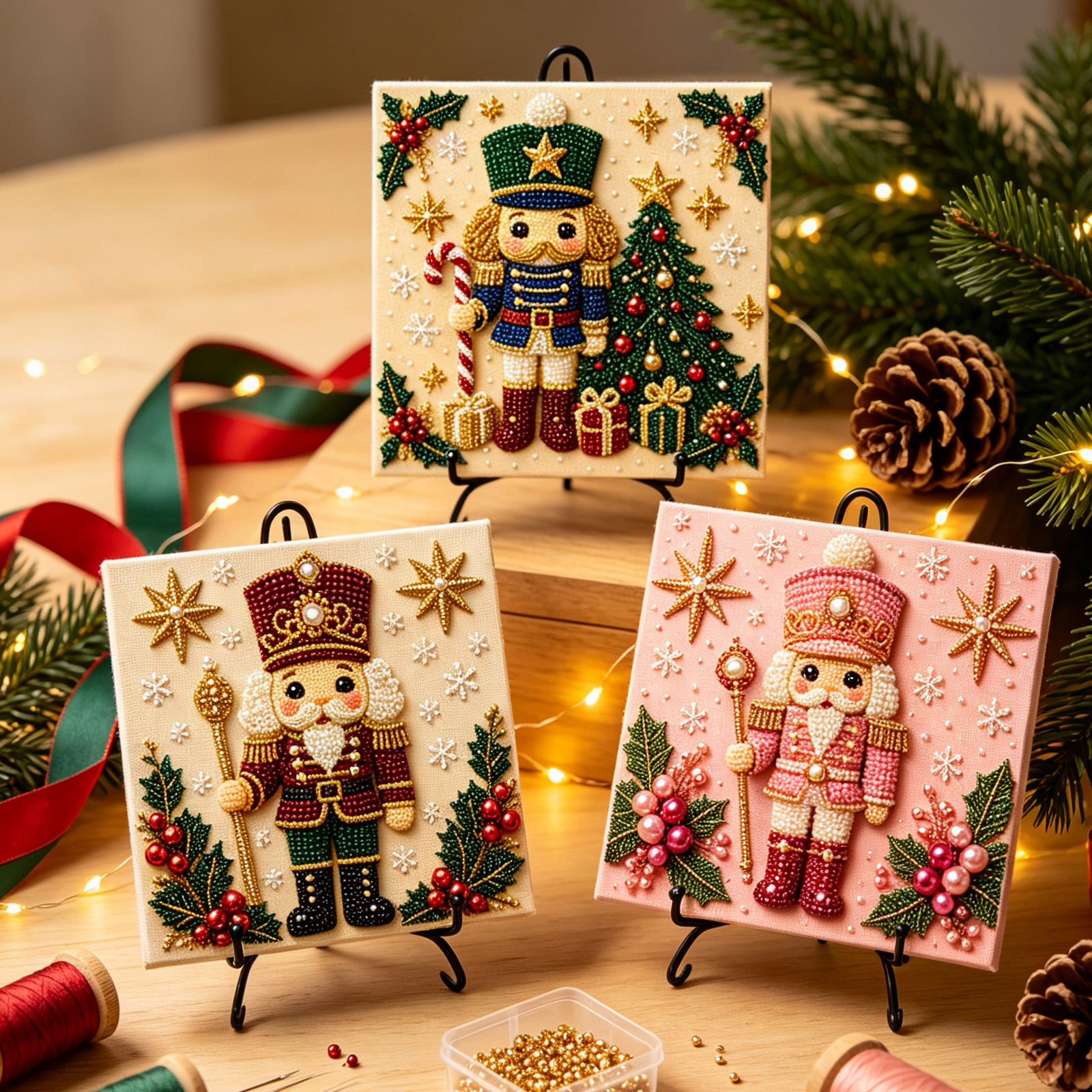 (Christmas Tree) Christmas Pearl Painting Art Set Shiny Beads 3D Texture Art Christmas Festival Ornaments