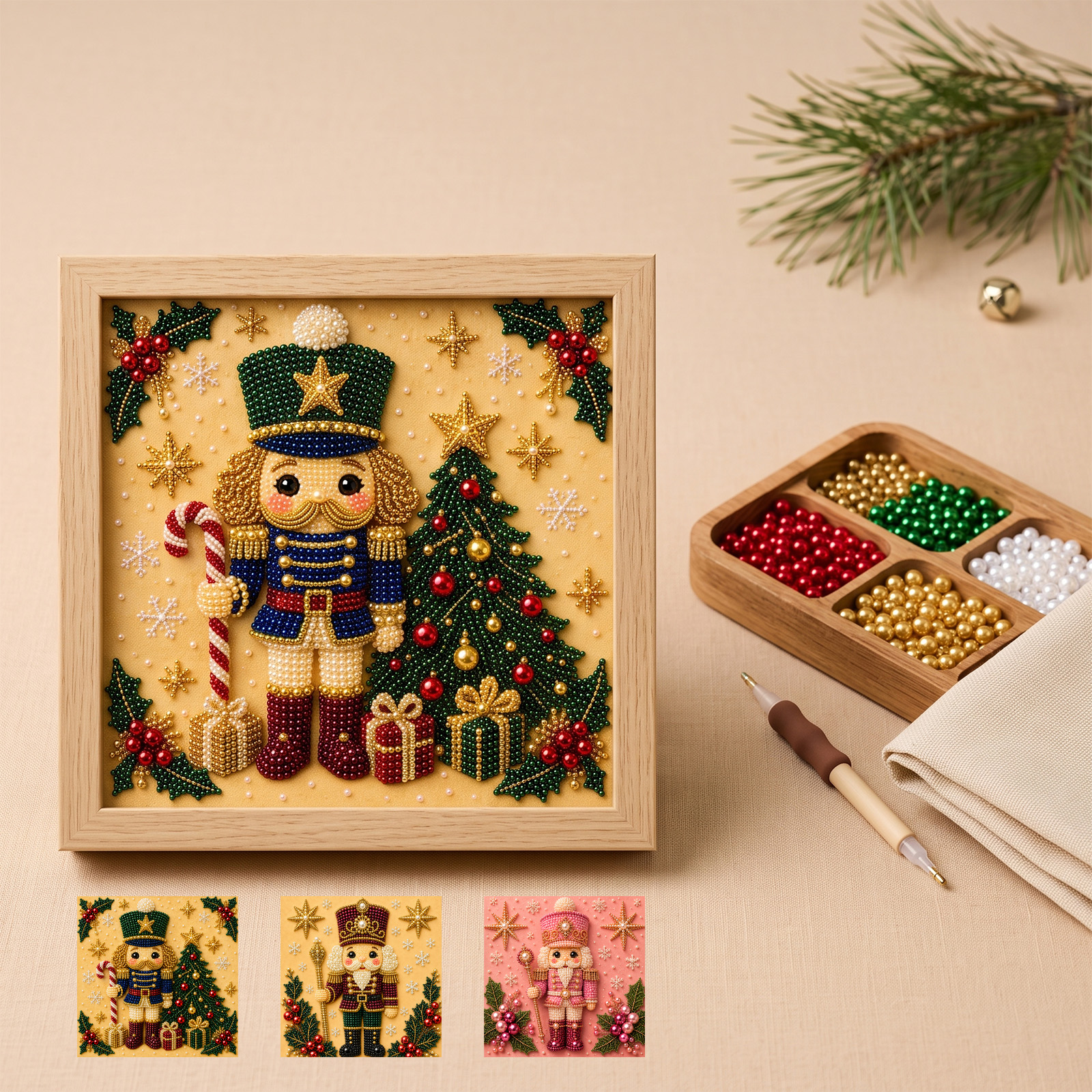 (Christmas Tree) Christmas Pearl Painting Art Set Shiny Beads 3D Texture Art Christmas Festival Ornaments