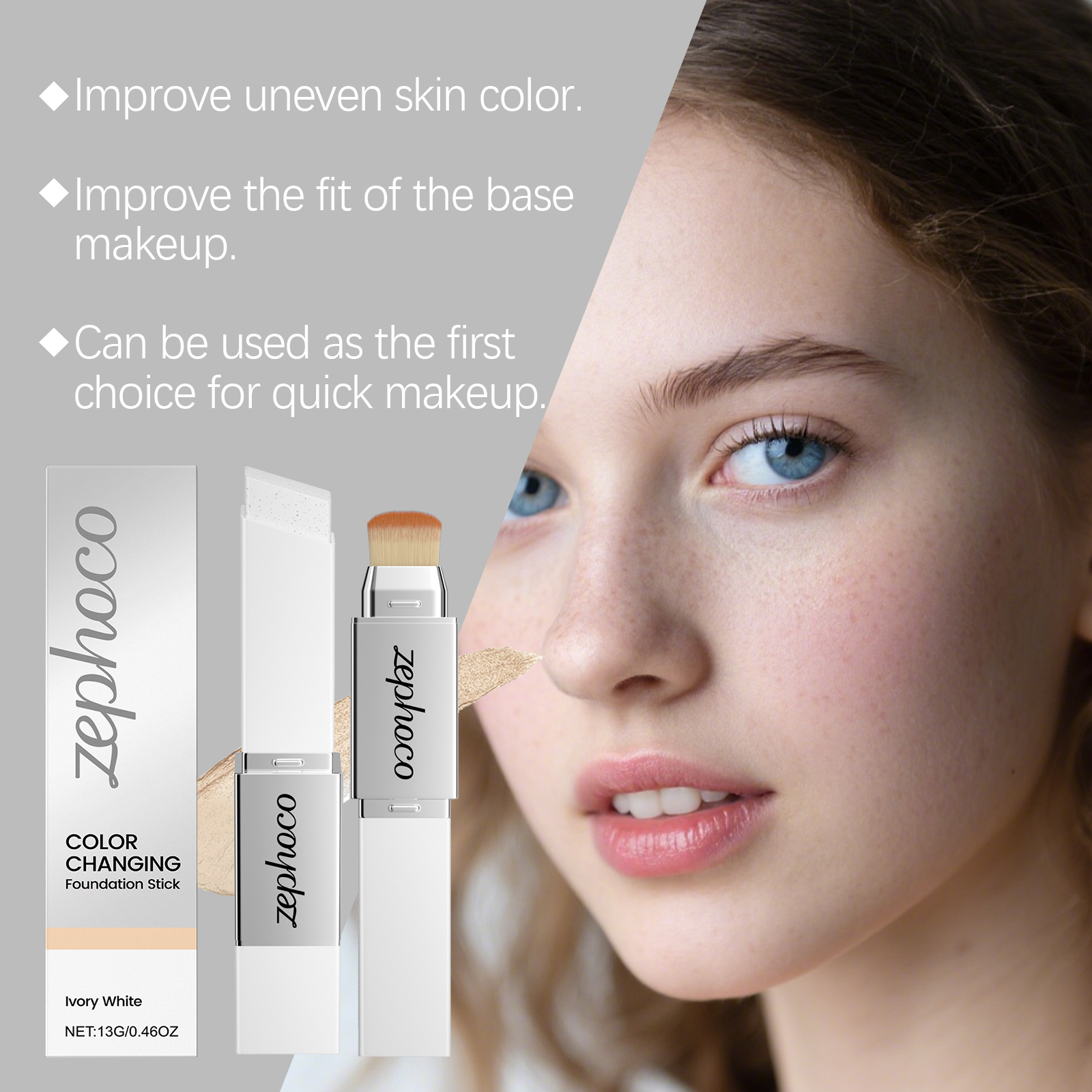 (Ivory White) Two In One Color Changing Foundation Stick Light Hydrating Natural Fit Non Caking Thin Sheer Base Makeup