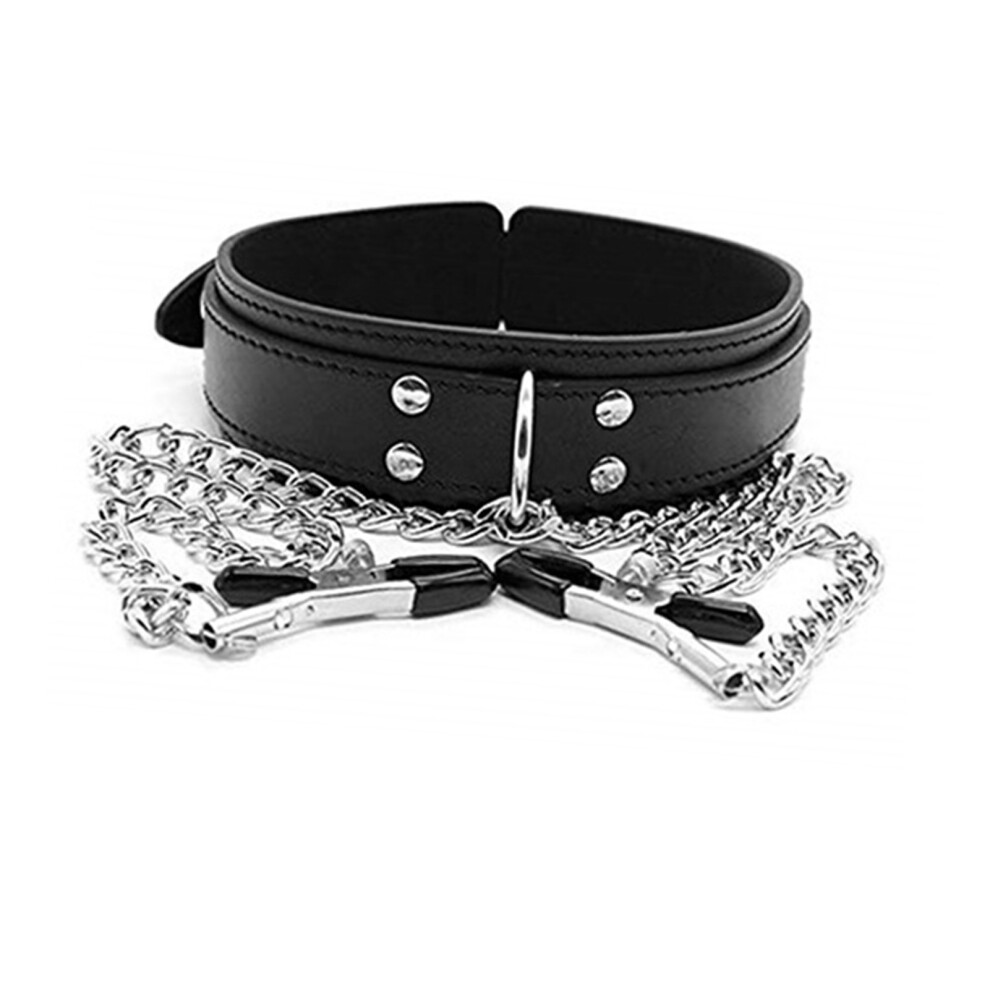 Nipple Clamps with Metal Chain PU Leather Collar - Adjustable Universal Fit for Men Women