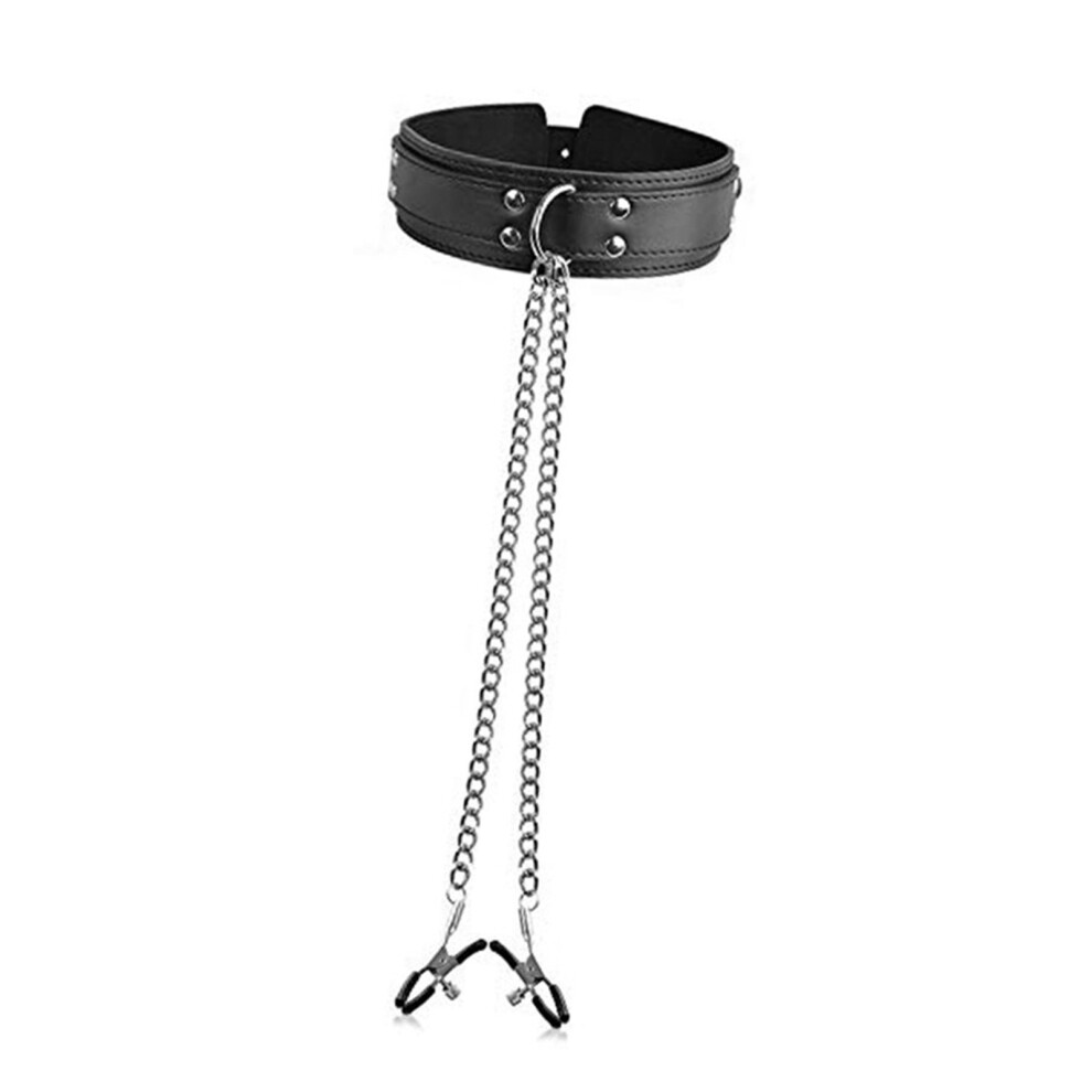 Nipple Clamps with Metal Chain PU Leather Collar - Adjustable Universal Fit for Men Women