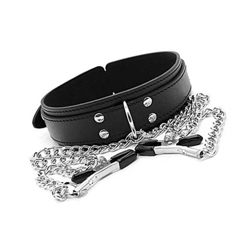 Nipple Clamps with Metal Chain PU Leather Collar - Adjustable Universal Fit for Men Women