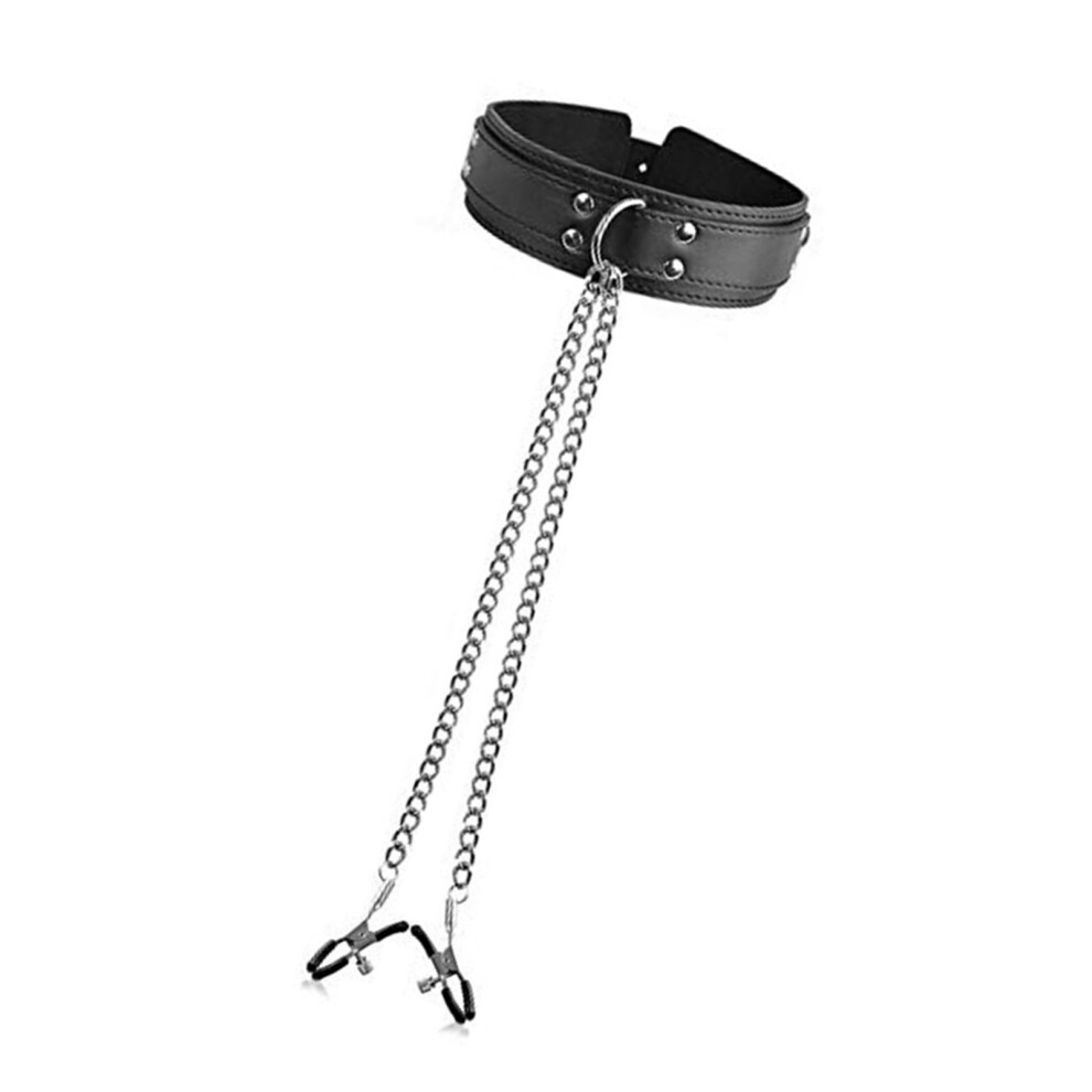 Nipple Clamps with Metal Chain PU Leather Collar - Adjustable Universal Fit for Men Women