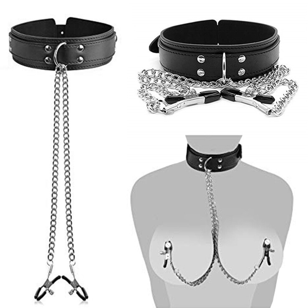 Nipple Clamps with Metal Chain PU Leather Collar - Adjustable Universal Fit for Men Women