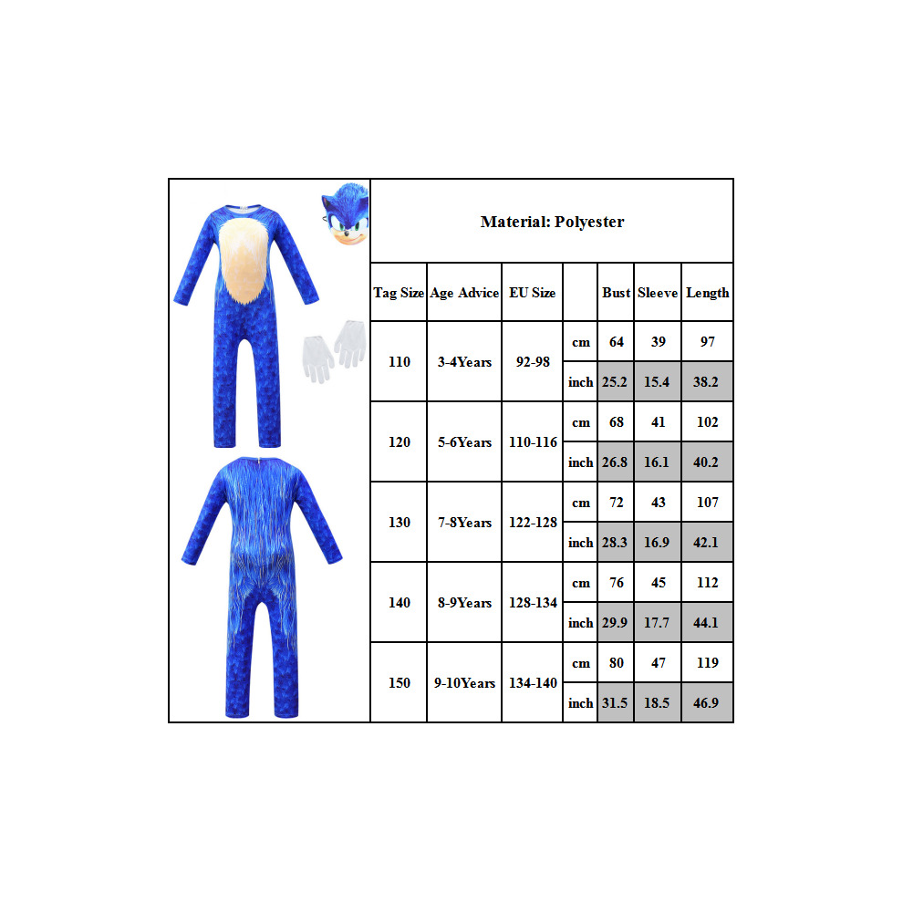 (Blue, 3-4 Years) Sonic The Hedgehog Cosplay Costume Kids Boy Jumpsuit Mask Gloves Fancy