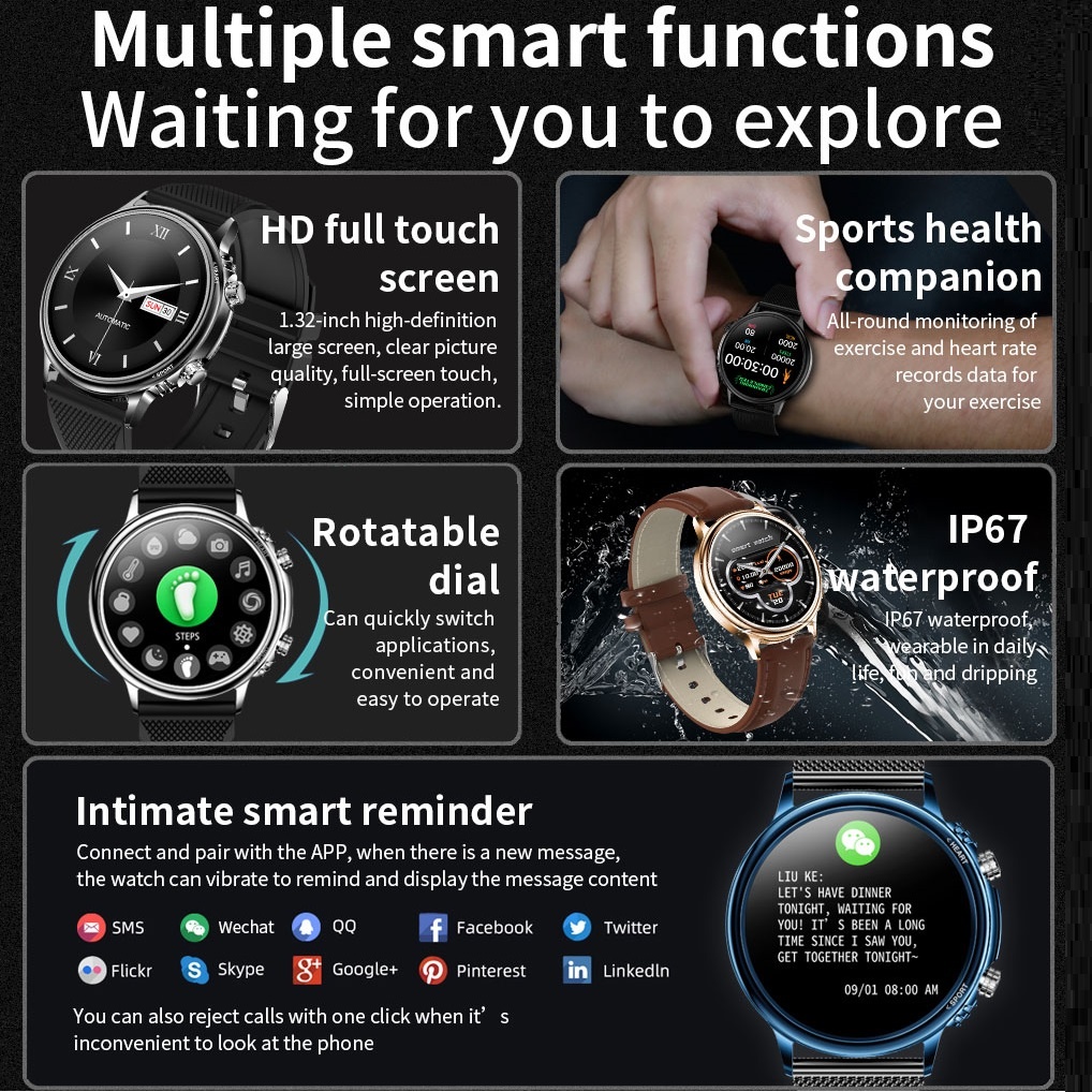 Smart Watch 1.32 Waterproof Oxygen Blood Pressure Bluetooth 5.0 Magnetic Charging Smartwatch