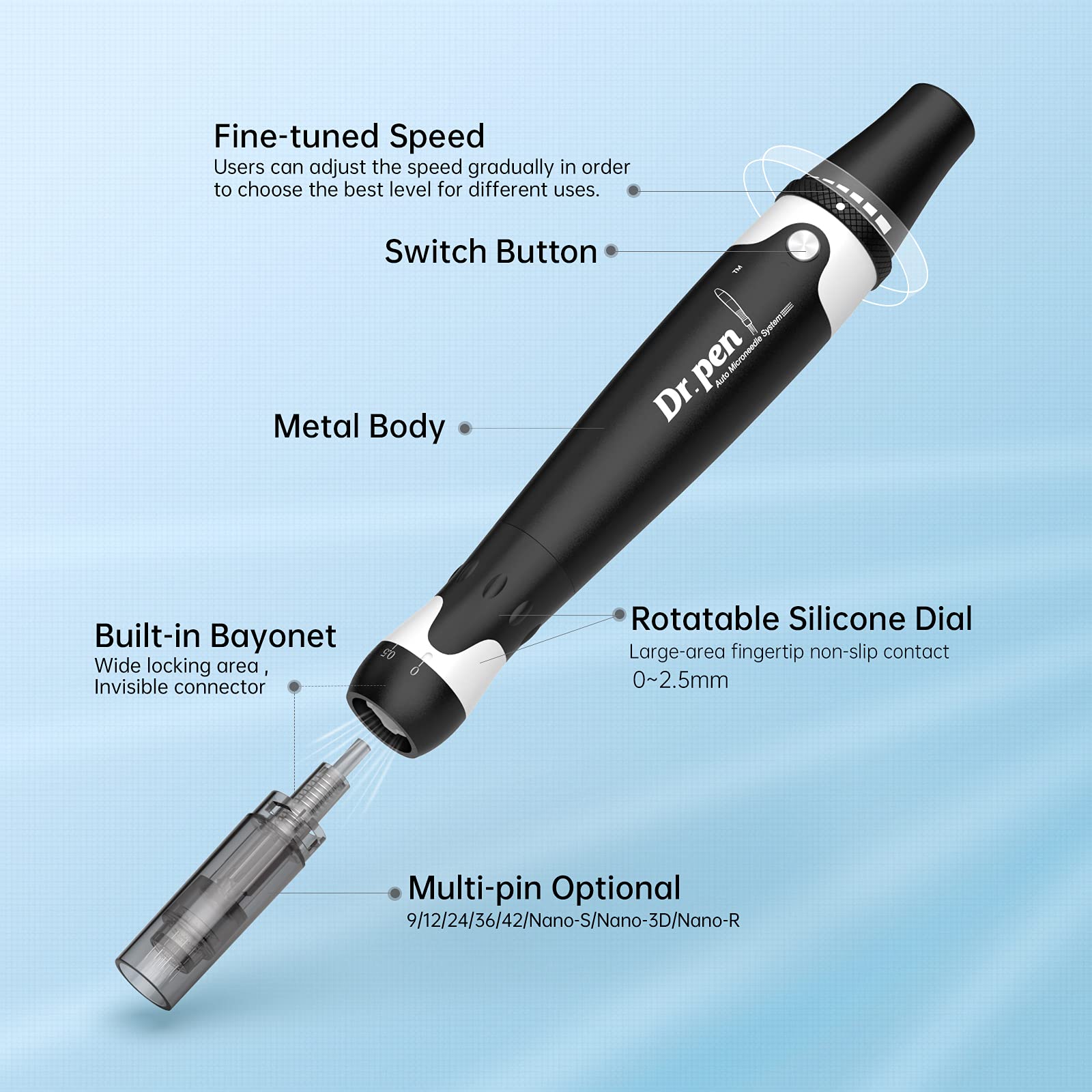 Dr.pen A7 Derma Pen Professional Microneedling Auto Pen Electric Microneedle Pen Beauty Machine Skin Repair Needling Tool Kit for Anti-aging Acne Scars Wrinkles Speed with 12pcs 12-Pin Cartridges