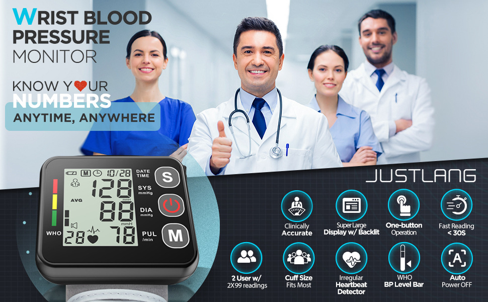 (White) Digital Wrist Blood Pressure Monitor With Large LCD Display BP Machine Cuff