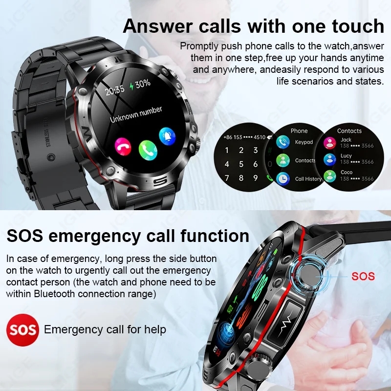 (Blue) Blood Lipids Uric Acid Blood Glucose Smart Watch For Men Bluetooth Call Health Smartwatch