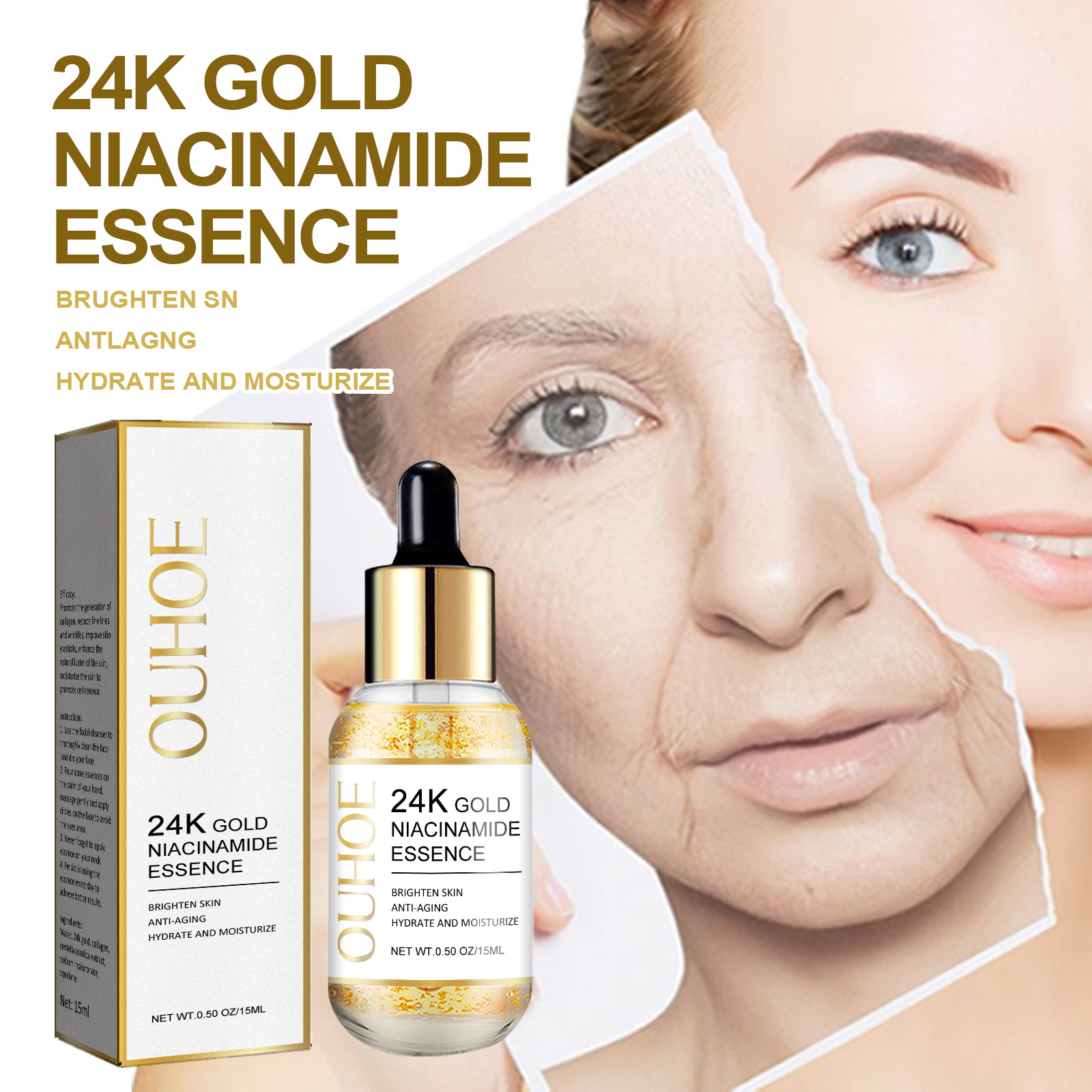 (1 PC) 24K Gold Face Essence for Fine Lines Reduction and Wrinkle Control Face Serum Pore Care Hyaluronic Acid Moisturizing Plumping Essence Aging Skin Care