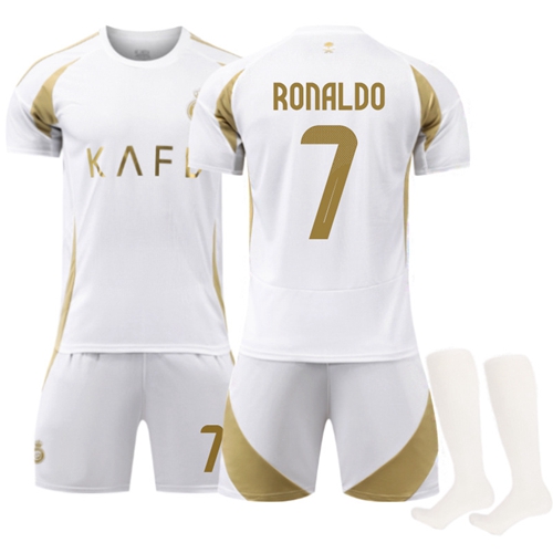 (Kids 16) Football Kit Kids Al Nassr Riyadh Victory Away No.7 Ronaldo Boy Activewear Soccer Jersey Child Football Training Shirts Sports Shorts Socks Tracksuits