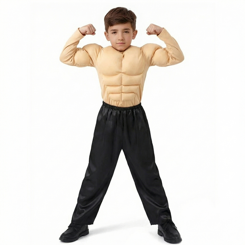 (M) Kids Muscle Costume Wrestling Suit Boys Weightlifting Jumpsuit Suitable for Halloween Costume Parties Includes Black Pants