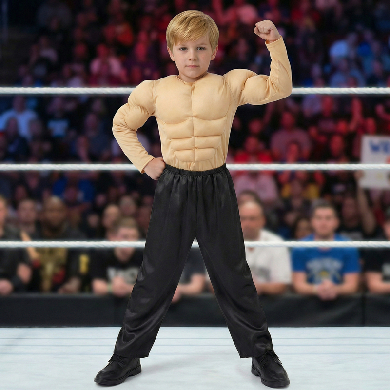 (M) Kids Muscle Costume Wrestling Suit Boys Weightlifting Jumpsuit Suitable for Halloween Costume Parties Includes Black Pants