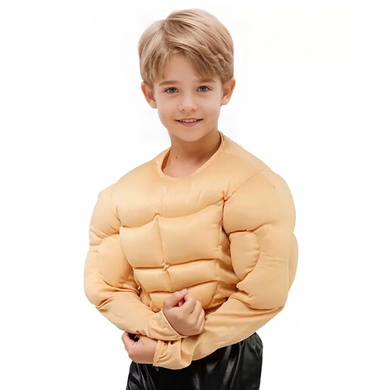 (M) Kids Muscle Costume Wrestling Suit Boys Weightlifting Jumpsuit Suitable for Halloween Costume Parties Includes Black Pants