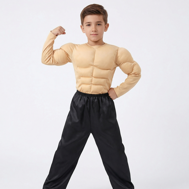 (M) Kids Muscle Costume Wrestling Suit Boys Weightlifting Jumpsuit Suitable for Halloween Costume Parties Includes Black Pants