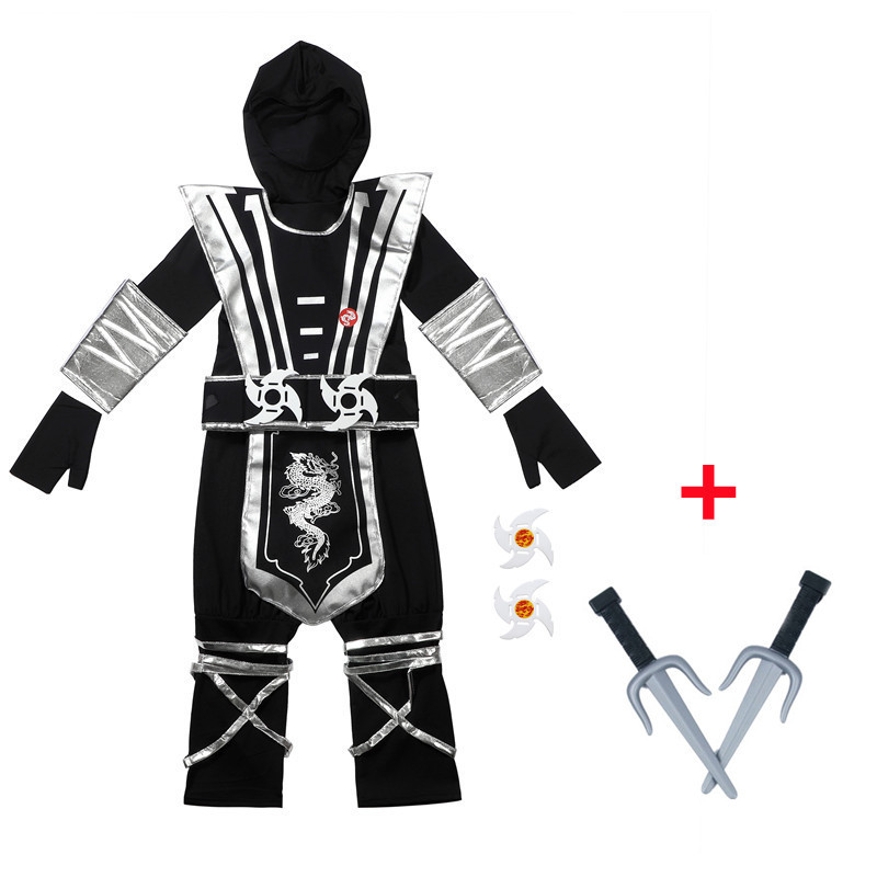 (XL) Childrens Ninja Role Play Costume Silver Masked Japanese Samurai Outfit Complete with 9 Piece Accessories Carnival Costumes