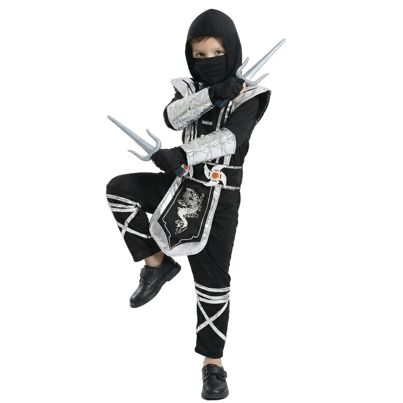 (XL) Childrens Ninja Role Play Costume Silver Masked Japanese Samurai Outfit Complete with 9 Piece Accessories Carnival Costumes