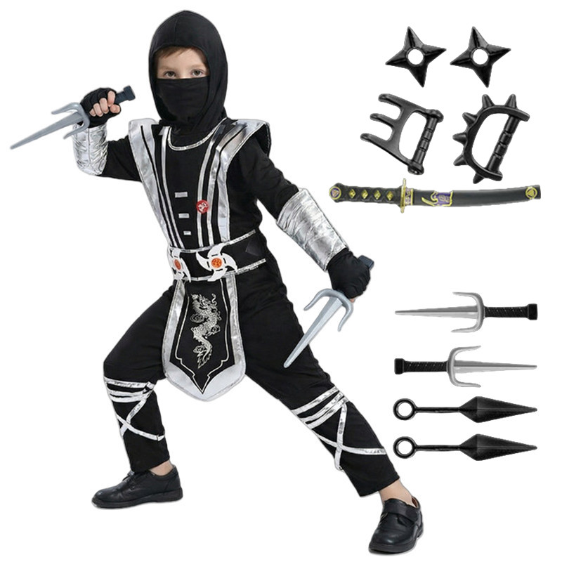 (XL) Childrens Ninja Role Play Costume Silver Masked Japanese Samurai Outfit Complete with 9 Piece Accessories Carnival Costumes