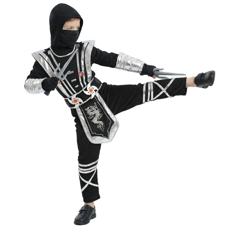 (XL) Childrens Ninja Role Play Costume Silver Masked Japanese Samurai Outfit Complete with 9 Piece Accessories Carnival Costumes