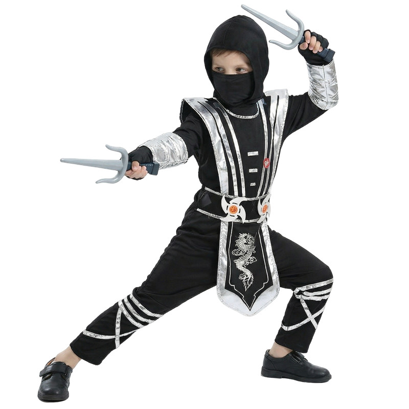(XL) Childrens Ninja Role Play Costume Silver Masked Japanese Samurai Outfit Complete with 9 Piece Accessories Carnival Costumes