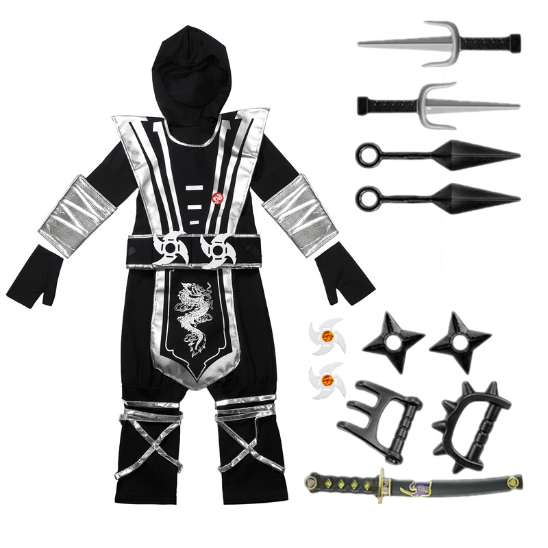 (XL) Childrens Ninja Role Play Costume Silver Masked Japanese Samurai Outfit Complete with 9 Piece Accessories Carnival Costumes