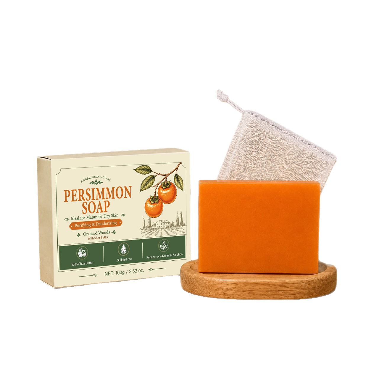 Persimmon Soap Bar Woody Fruity Scent Natural Purifying Soap for Daily Body Care Home Use Wood 100g