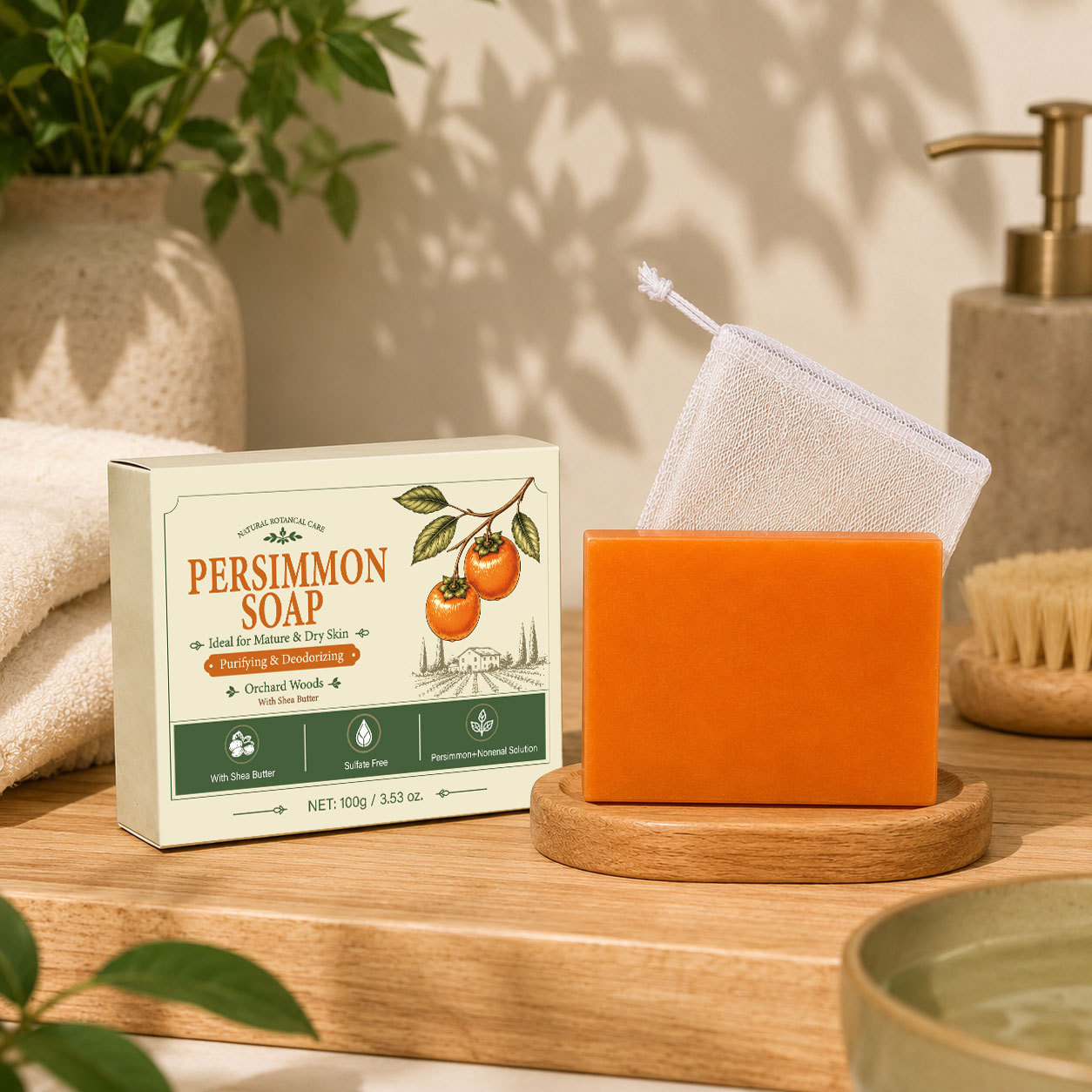 Persimmon Soap Bar Woody Fruity Scent Natural Purifying Soap for Daily Body Care Home Use Wood 100g