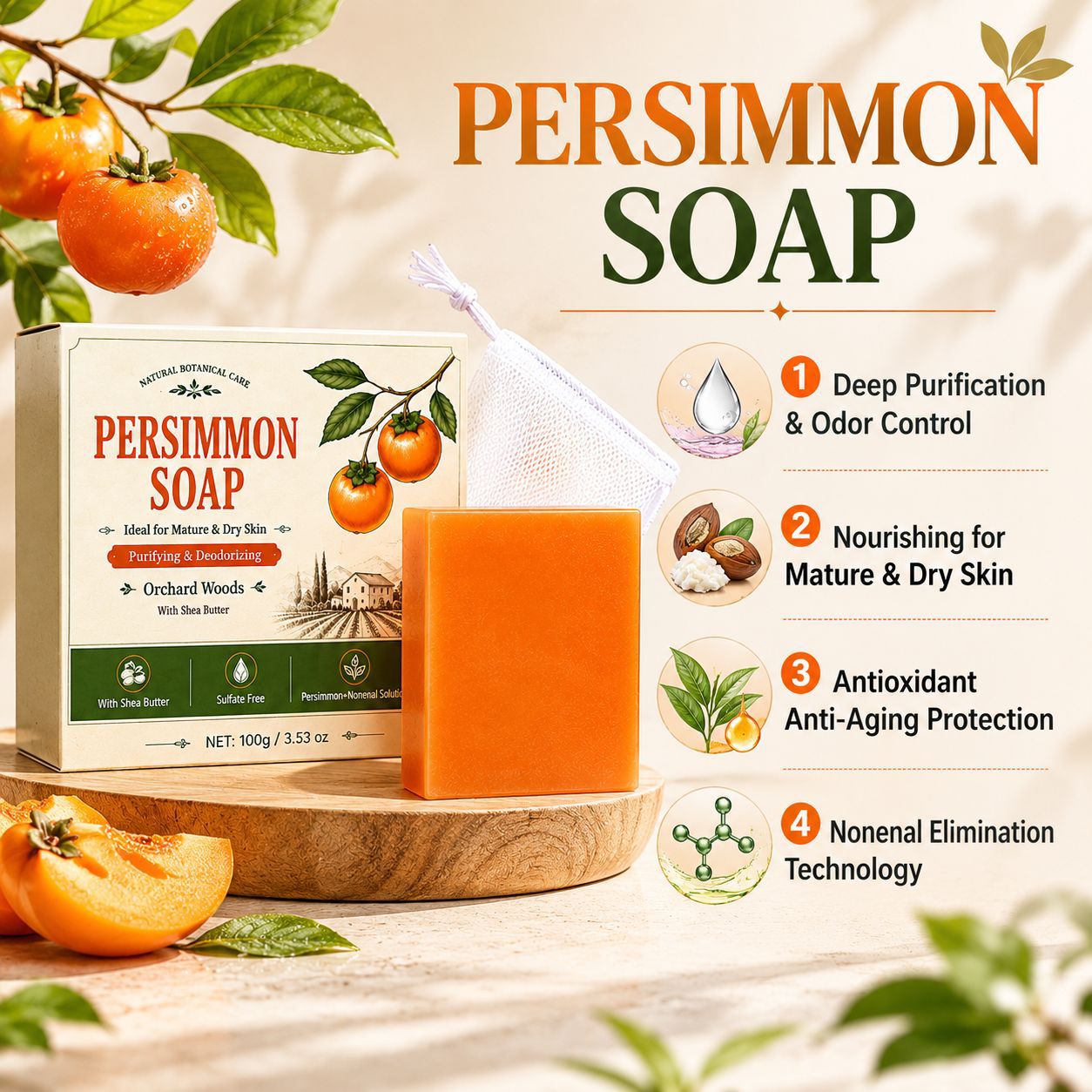 Persimmon Soap Bar Woody Fruity Scent Natural Purifying Soap for Daily Body Care Home Use Wood 100g