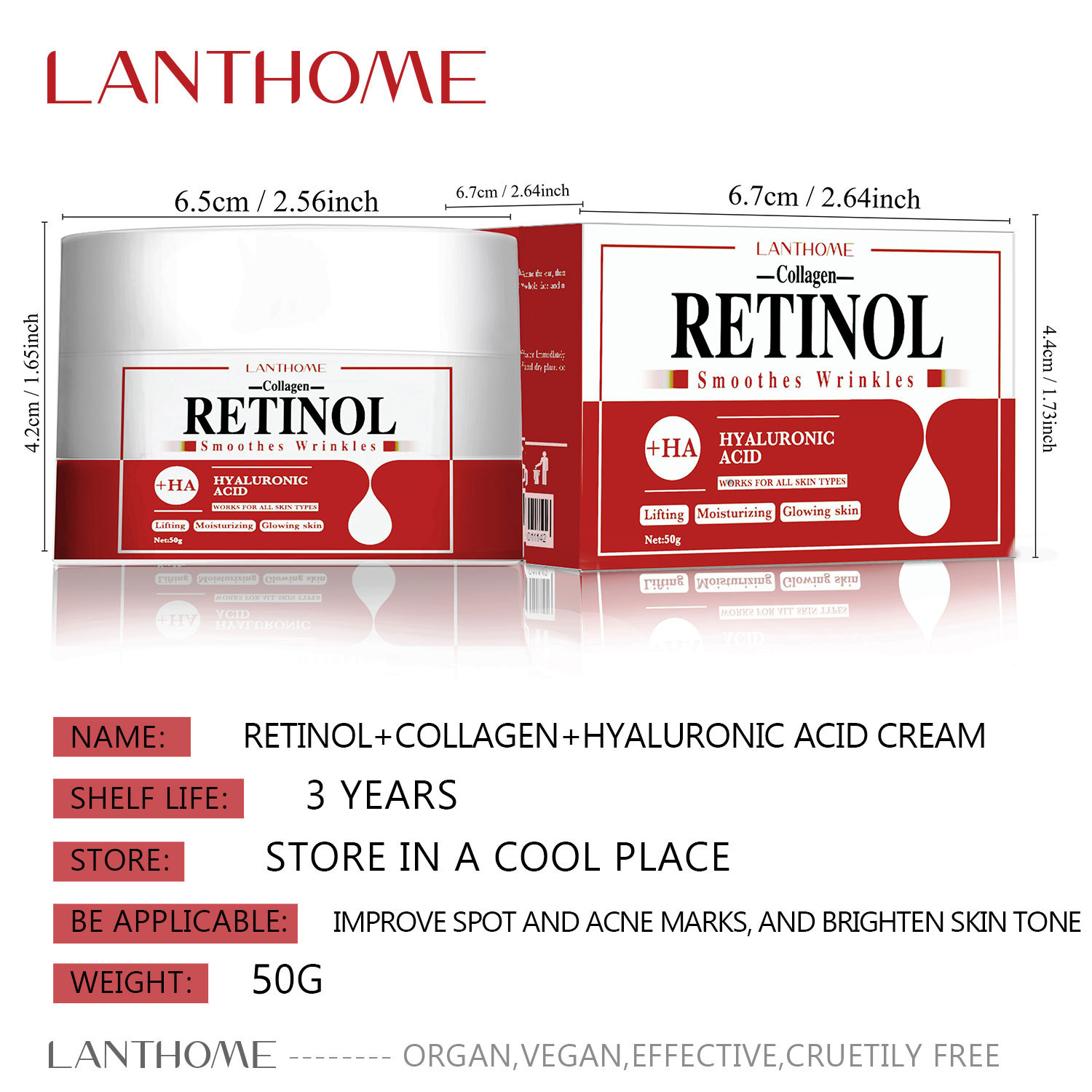 Lanthome Retinol Collagen Hyaluronic Acid Cream For Brightening Hydrating And Skin Renewal Daily Moisturizer 50g