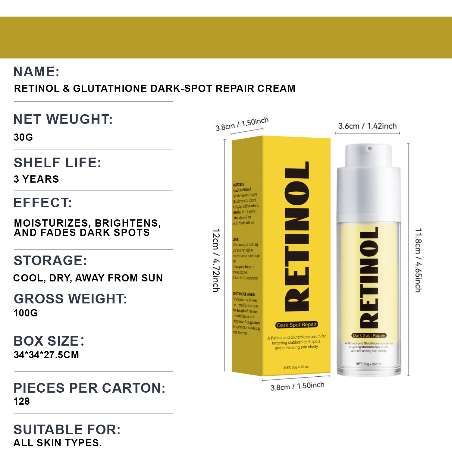 Retinol And Glutathione Dark Spot Repair Cream For Brightening Even Tone And Daily Face Skin Nourishing Treatment