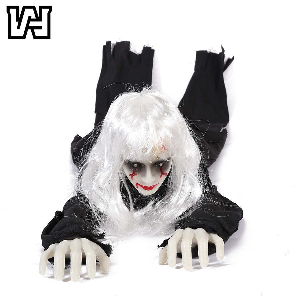 (White) Voice Controlled Female Ghost Halloween Decor Crawling Ghost Electric Light Emitting Escape Room Prop Crawling Lady Ghost