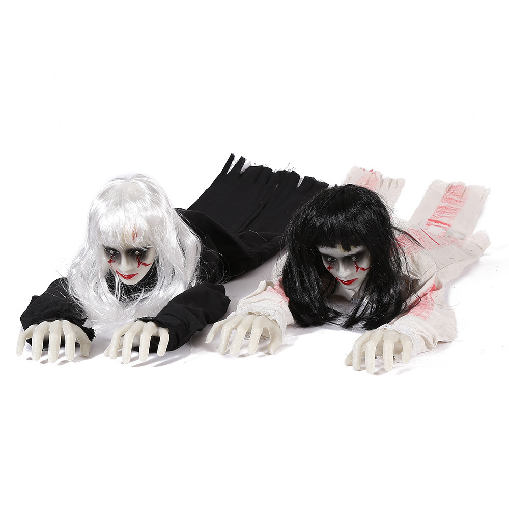(White) Voice Controlled Female Ghost Halloween Decor Crawling Ghost Electric Light Emitting Escape Room Prop Crawling Lady Ghost