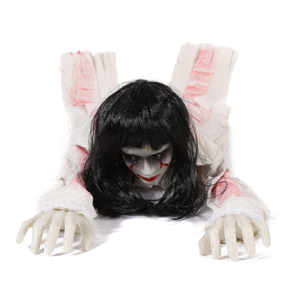 (White) Voice Controlled Female Ghost Halloween Decor Crawling Ghost Electric Light Emitting Escape Room Prop Crawling Lady Ghost