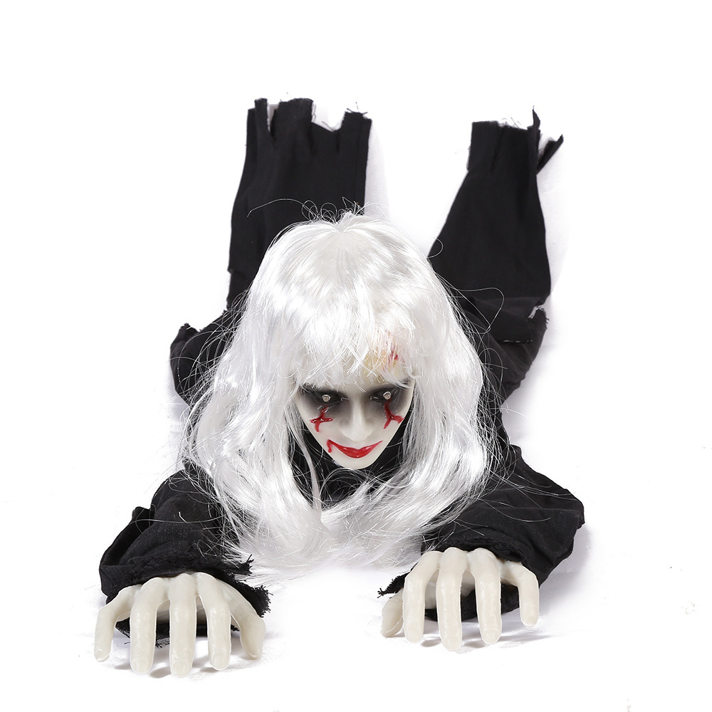 (White) Voice Controlled Female Ghost Halloween Decor Crawling Ghost Electric Light Emitting Escape Room Prop Crawling Lady Ghost