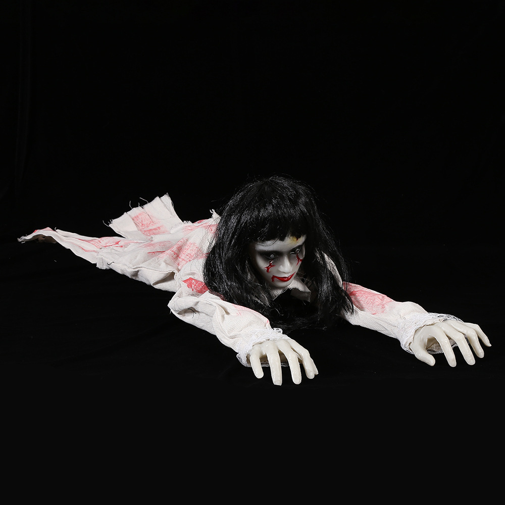 (White) Voice Controlled Female Ghost Halloween Decor Crawling Ghost Electric Light Emitting Escape Room Prop Crawling Lady Ghost