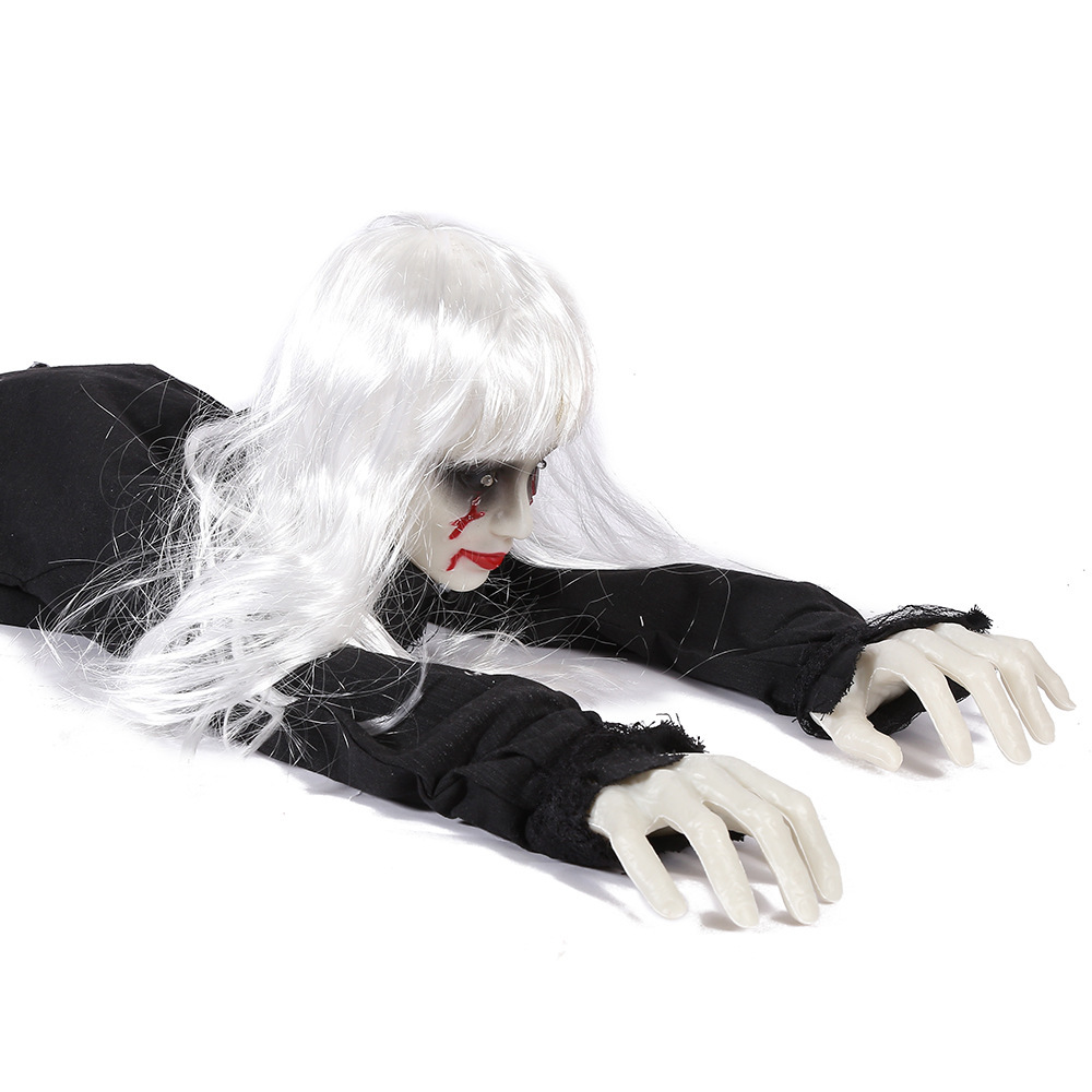 (White) Voice Controlled Female Ghost Halloween Decor Crawling Ghost Electric Light Emitting Escape Room Prop Crawling Lady Ghost