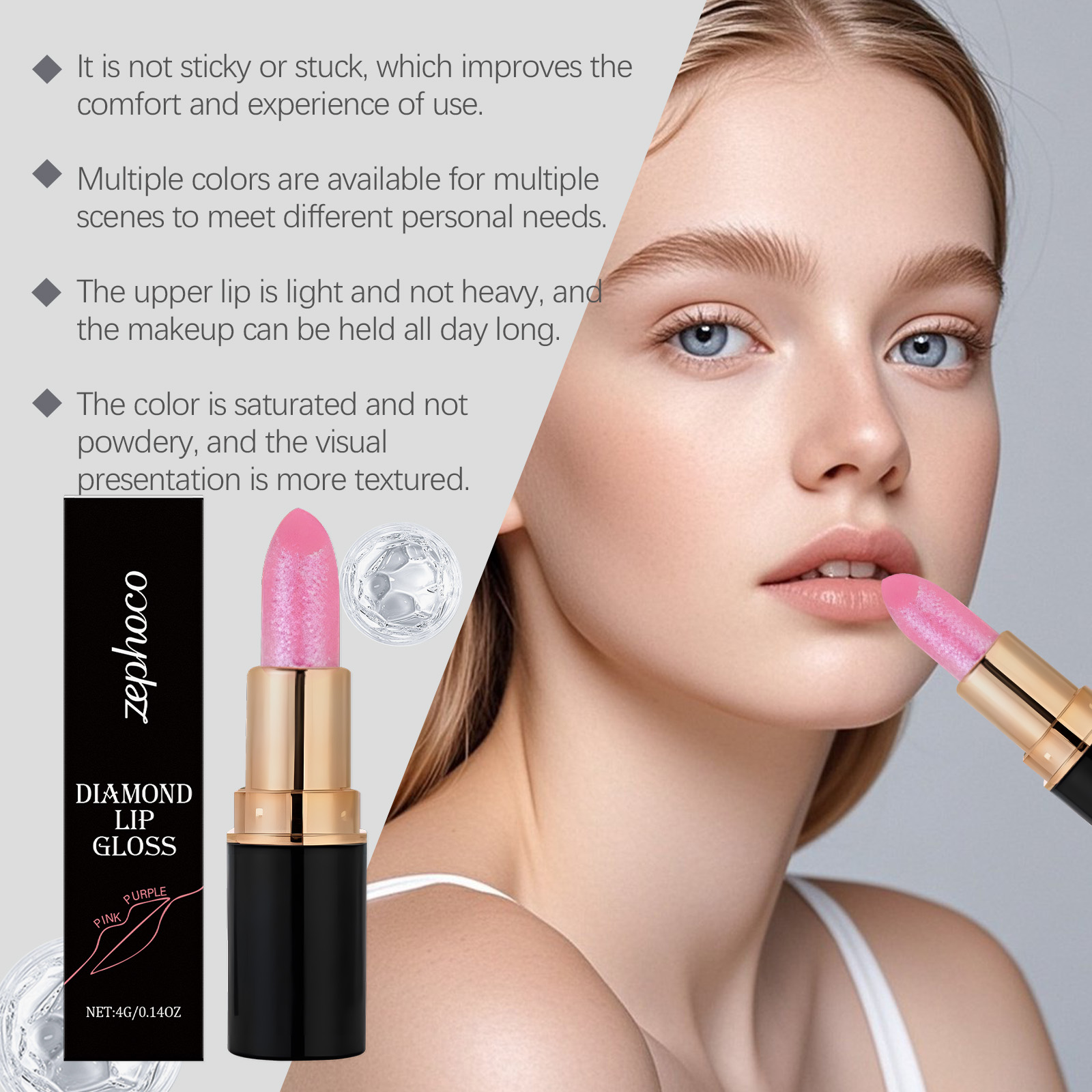 (Lilac Pink) Diamond Lip Gloss Shimmer Lipstick Natural Glossy Smooth Moist Easy Coloring Versatile Lip Makeup