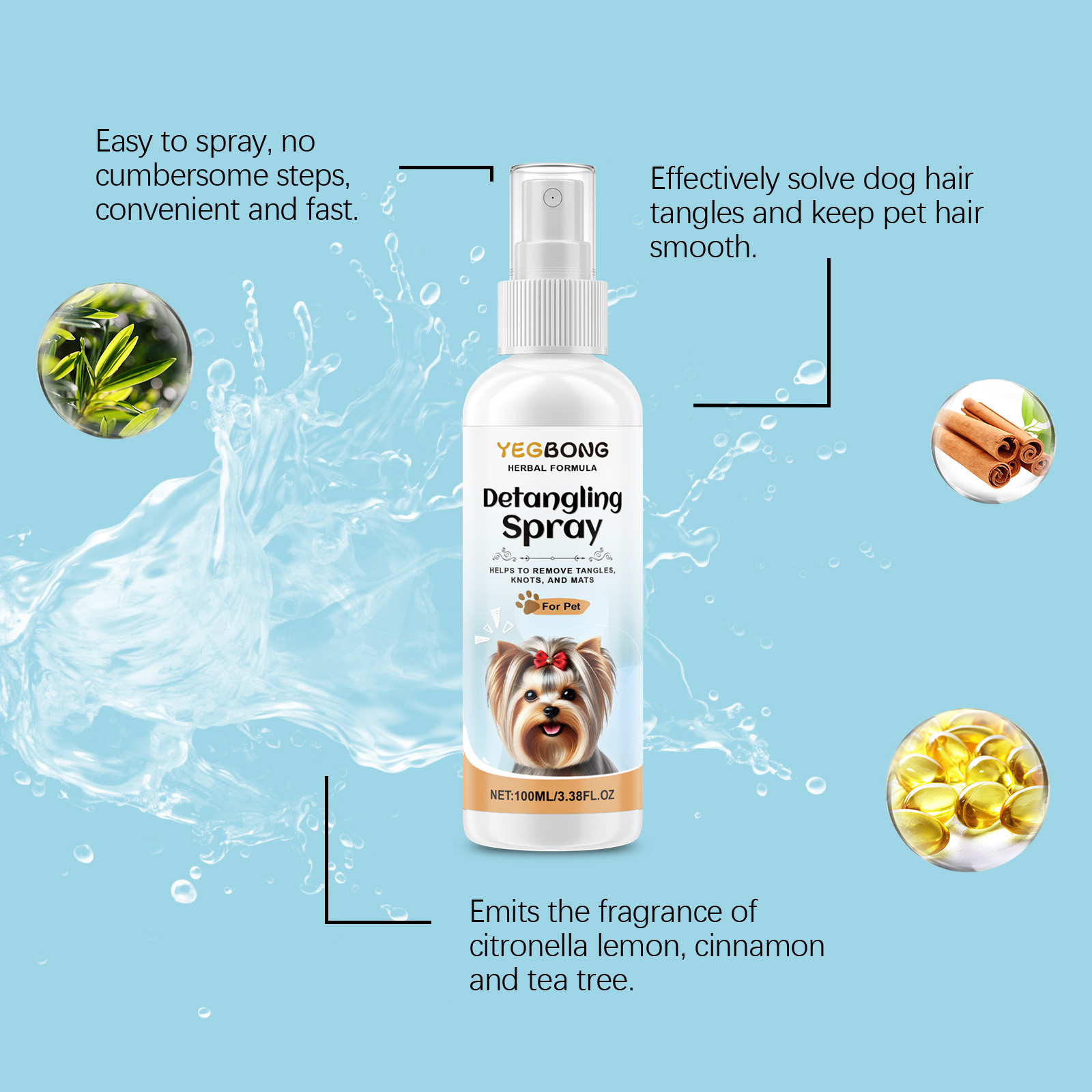 Dog Detangling Spray Pet Anti Knot Clean Smooth Fluffy Hair Care For Canine Coat Grooming