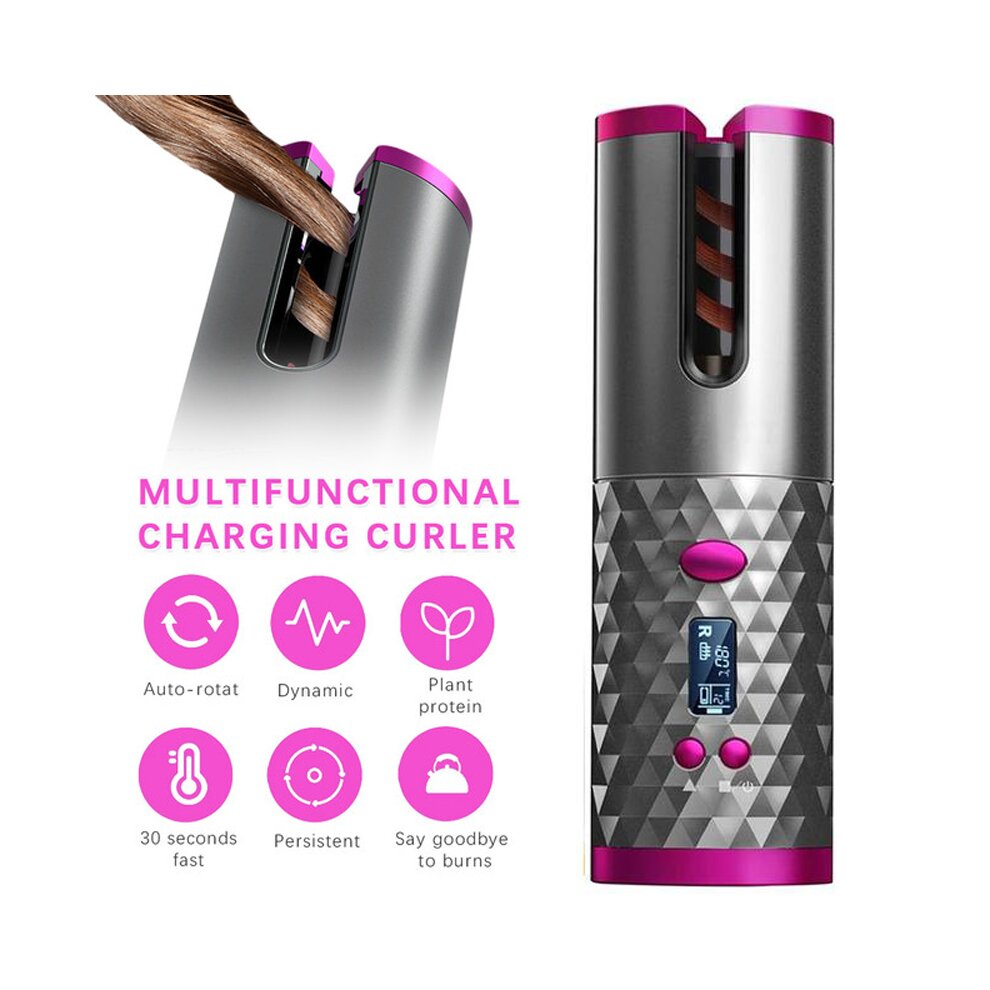 ((White Electric Auto Rotating)) Cordless Automatic Hair Curler | Portable Curling Tongs